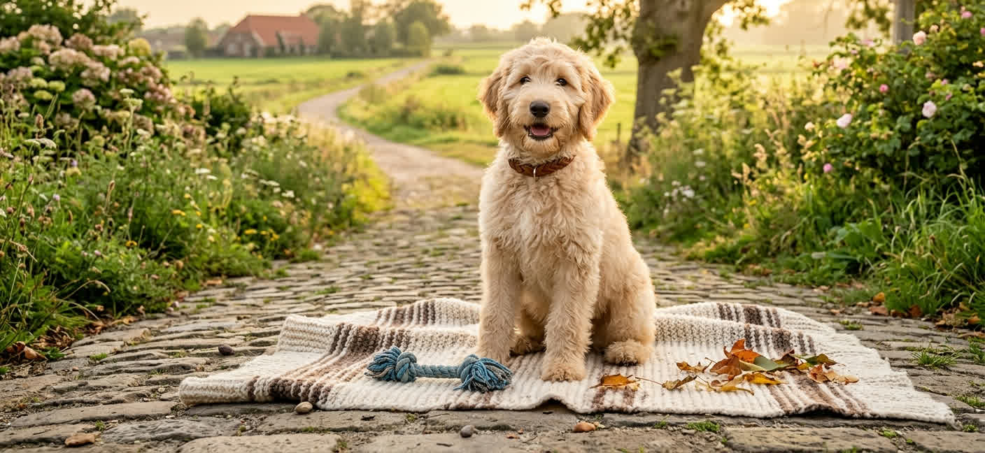 Labradoodle zit op een gebreide deken op een klinkerpad langs Nederlandse weilanden
