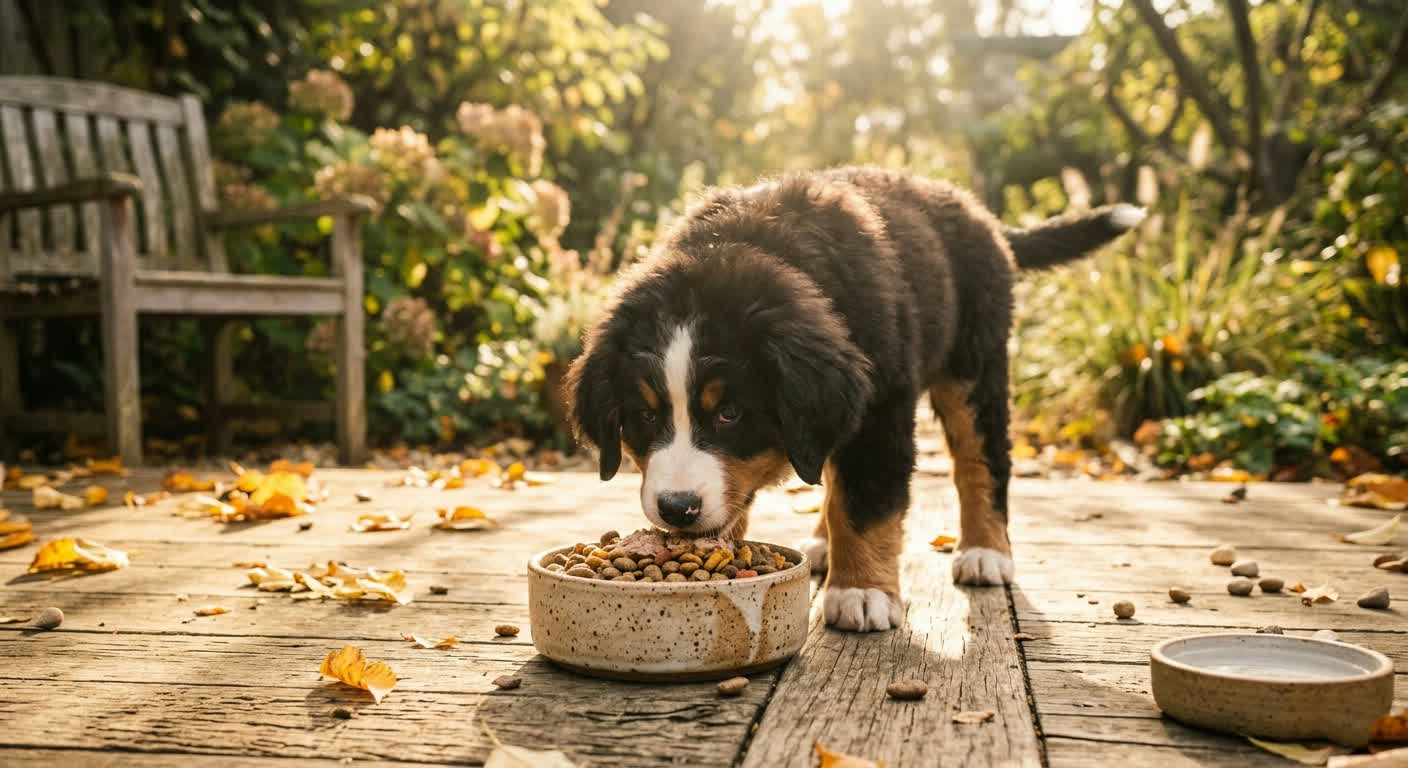 Berner sennen-pup eet brokken uit een aardewerken bak op een houten terras